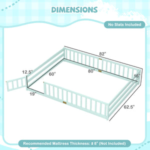 Queen Size Floor Bed Kids Montessori Bed Frame with Full Length Safety Guardrails-Green