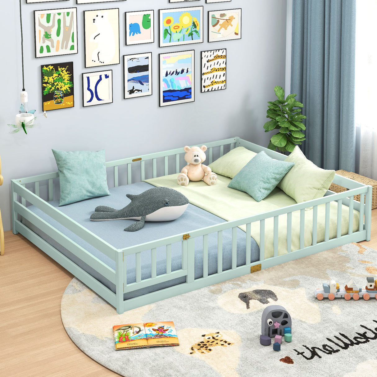 Queen Size Floor Bed Kids Montessori Bed Frame with Full Length Safety Guardrails-Green