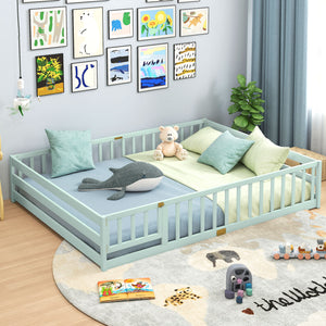 Queen Size Floor Bed Kids Montessori Bed Frame with Full Length Safety Guardrails-Green