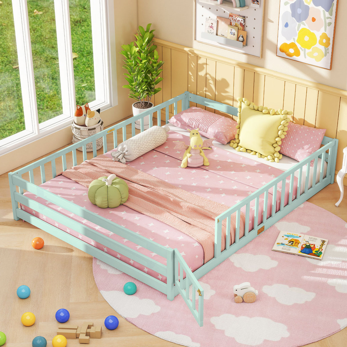 Queen Size Floor Bed Kids Montessori Bed Frame with Full Length Safety Guardrails-Green