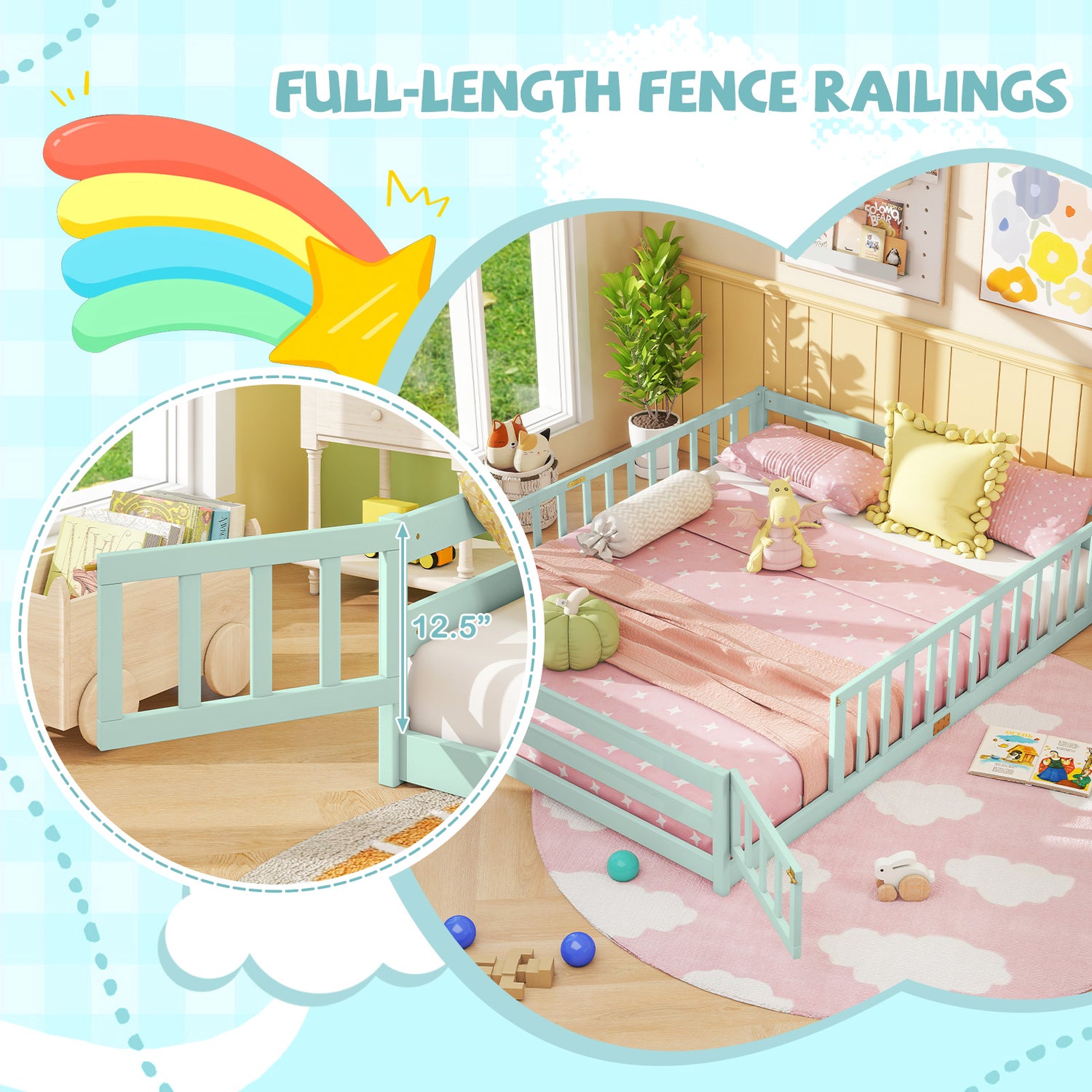 Queen Size Floor Bed Kids Montessori Bed Frame with Full Length Safety Guardrails-Green