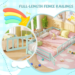 Queen Size Floor Bed Kids Montessori Bed Frame with Full Length Safety Guardrails-Green