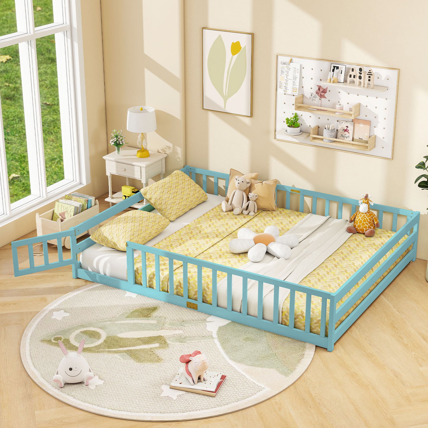 Queen Size Floor Bed Kids Montessori Bed Frame with Full Length Safety Guardrails-Dark Green