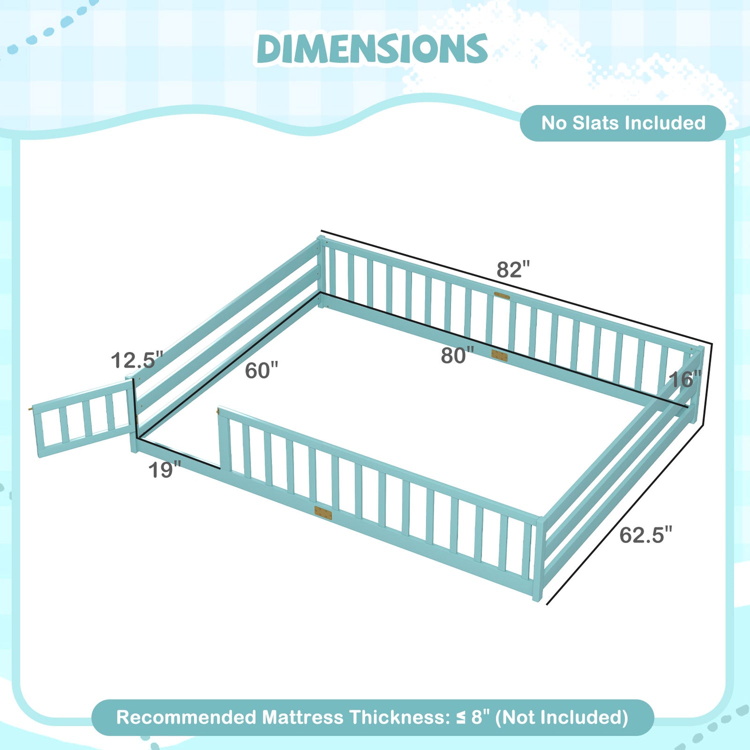 Queen Size Floor Bed Kids Montessori Bed Frame with Full Length Safety Guardrails-Dark Green