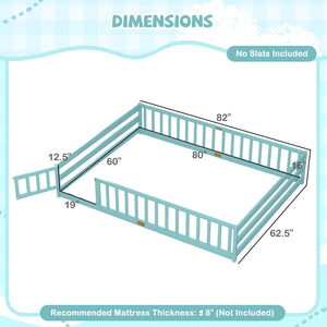 Queen Size Floor Bed Kids Montessori Bed Frame with Full Length Safety Guardrails-Dark Green