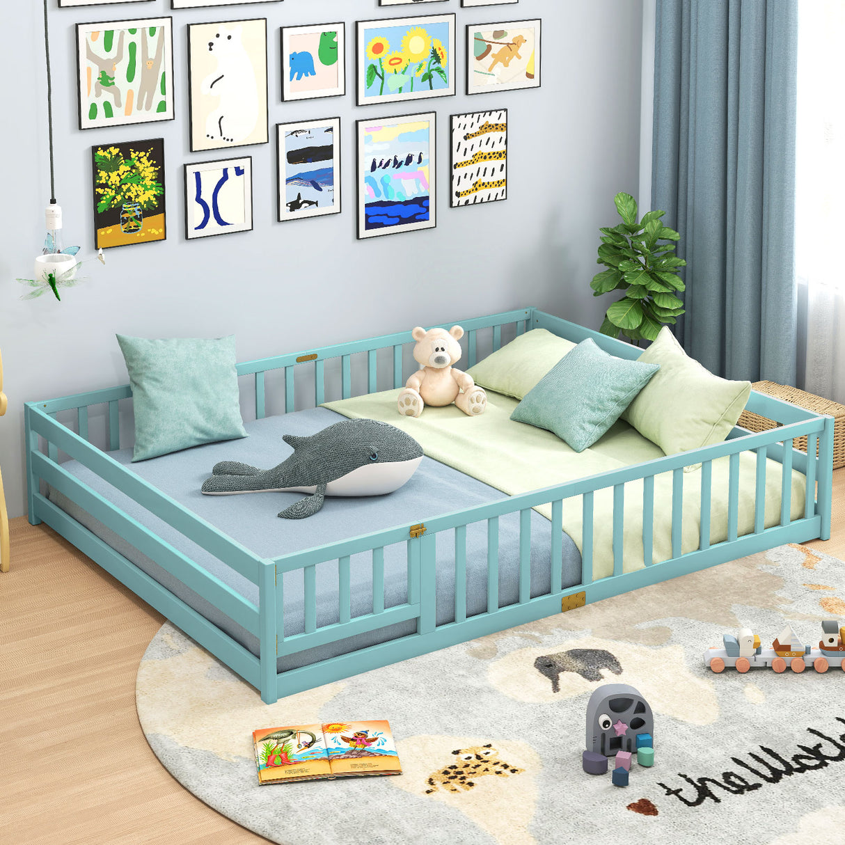 Queen Size Floor Bed Kids Montessori Bed Frame with Full Length Safety Guardrails-Dark Green