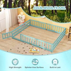 Queen Size Floor Bed Kids Montessori Bed Frame with Full Length Safety Guardrails-Dark Green