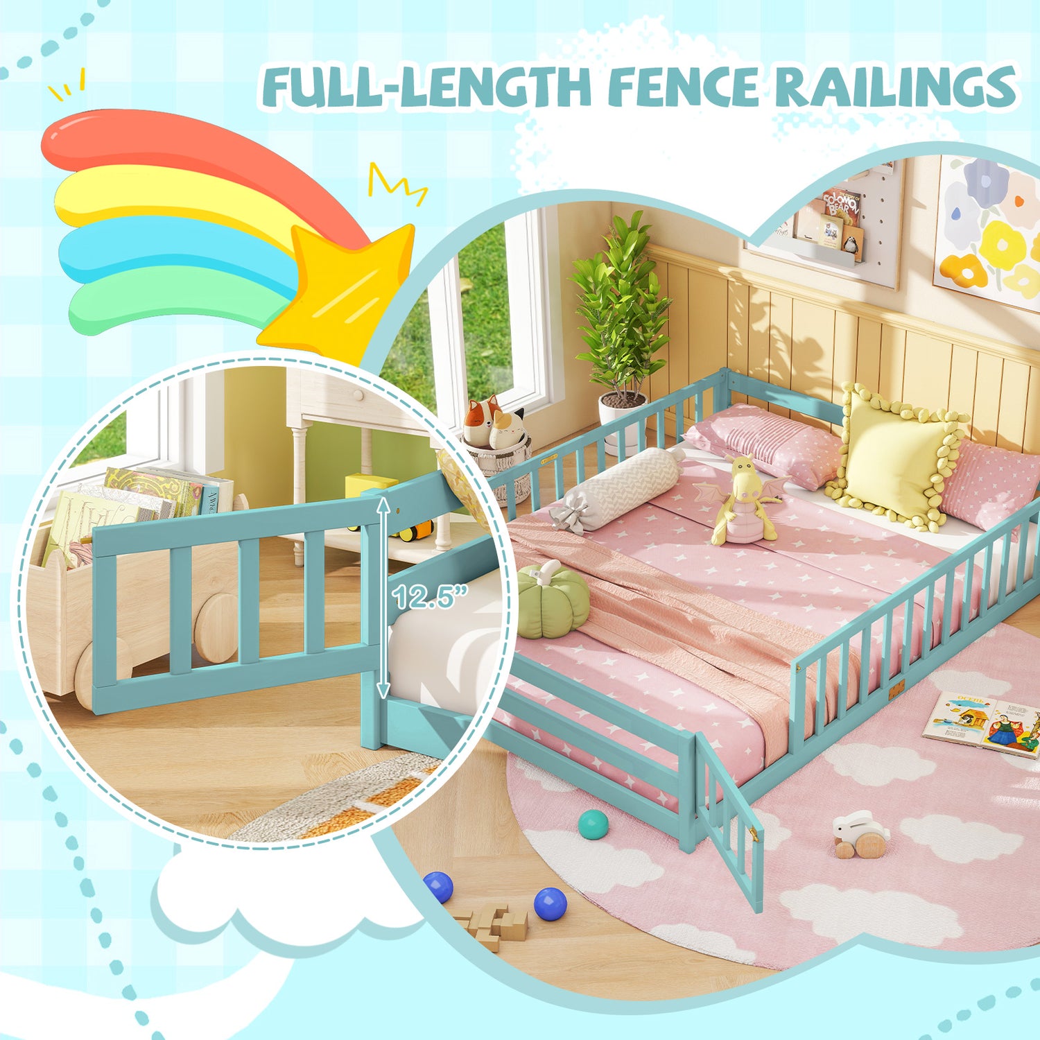 Queen Size Floor Bed Kids Montessori Bed Frame with Full Length Safety Guardrails-Dark Green