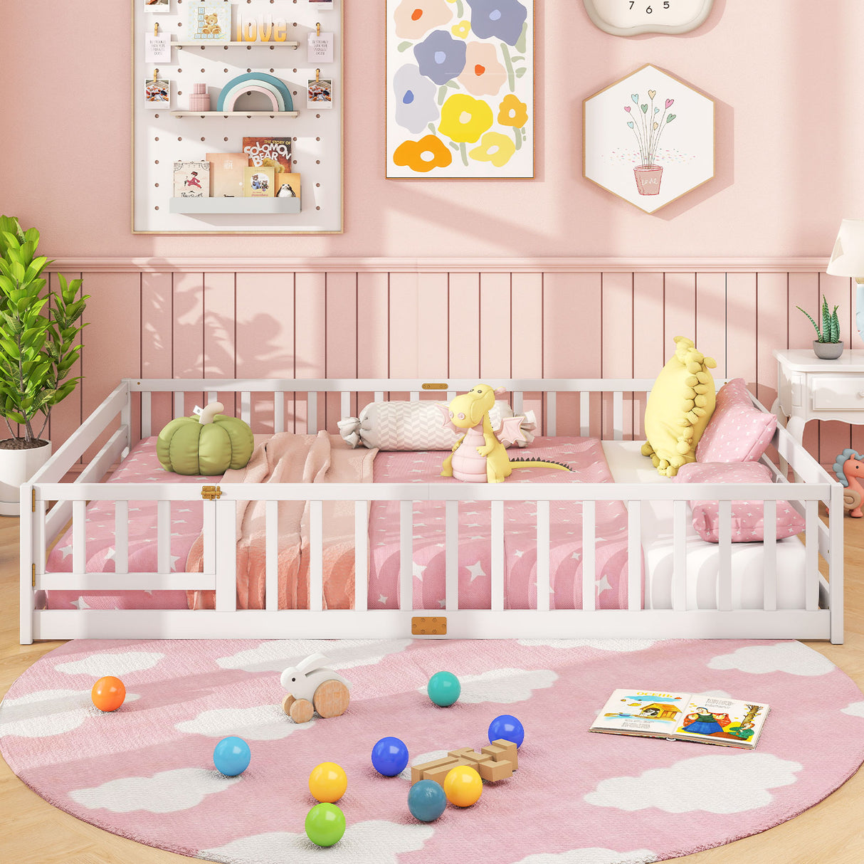 Queen Size Floor Bed Kids Montessori Bed Frame with Full Length Safety Guardrails-White