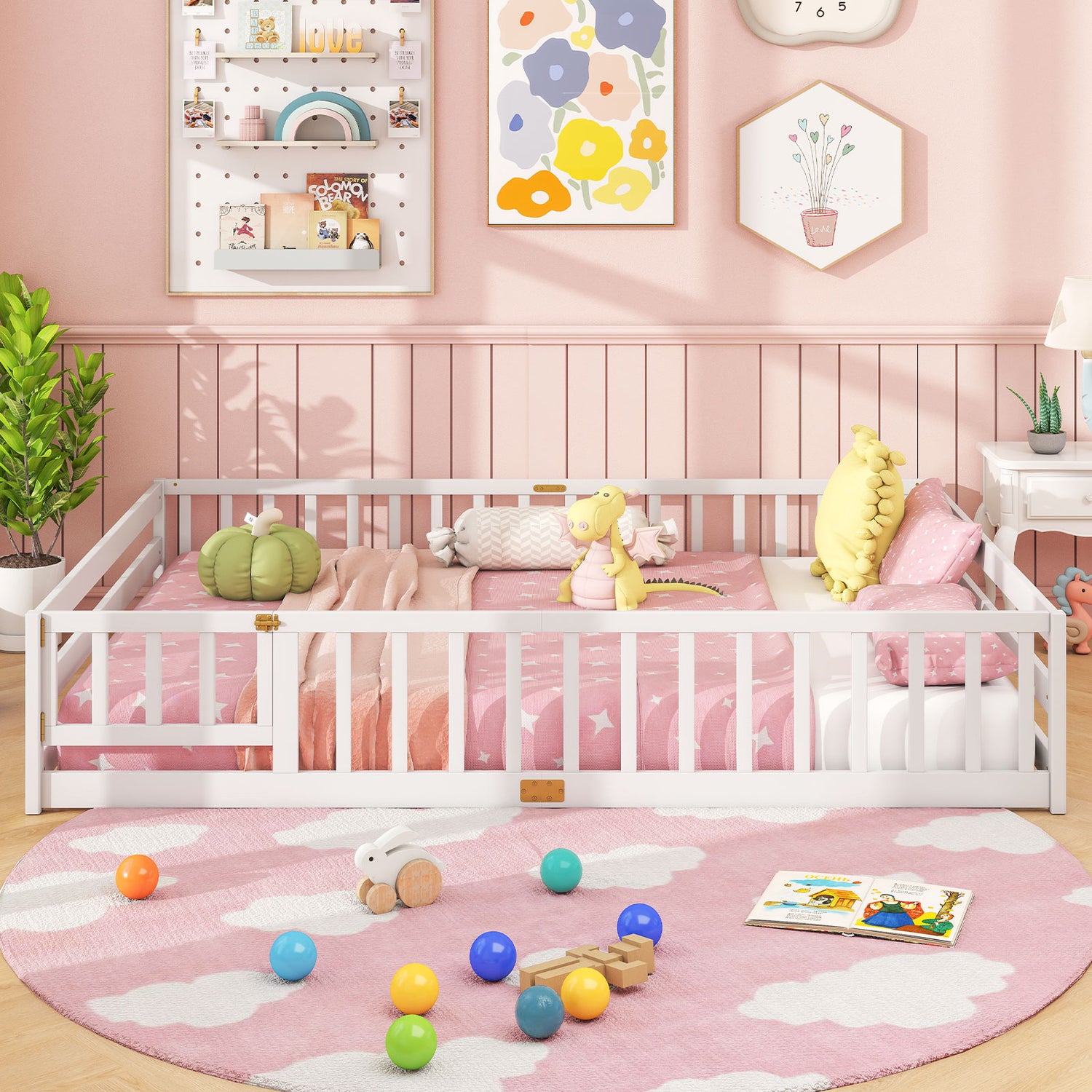 Queen Size Floor Bed Kids Montessori Bed Frame with Full Length Safety Guardrails-White