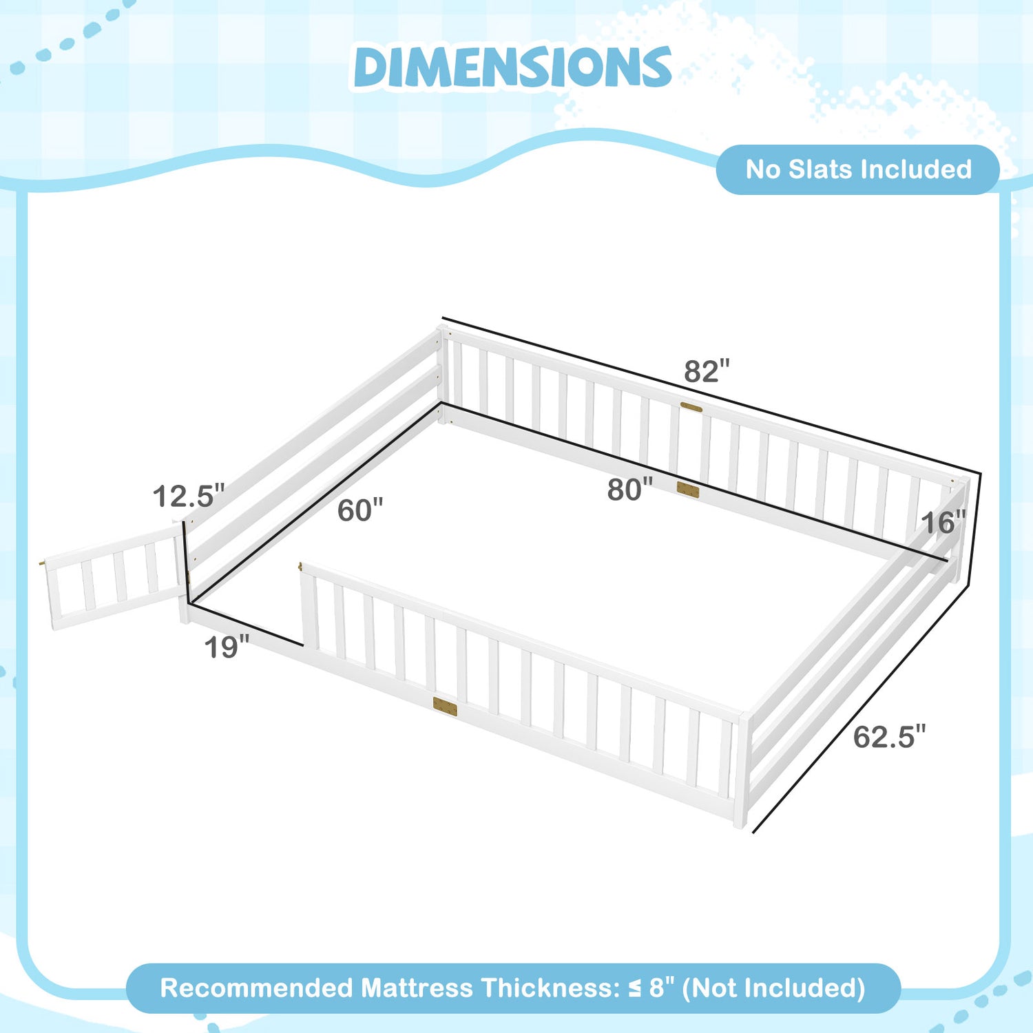 Queen Size Floor Bed Kids Montessori Bed Frame with Full Length Safety Guardrails-White