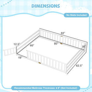 Queen Size Floor Bed Kids Montessori Bed Frame with Full Length Safety Guardrails-White