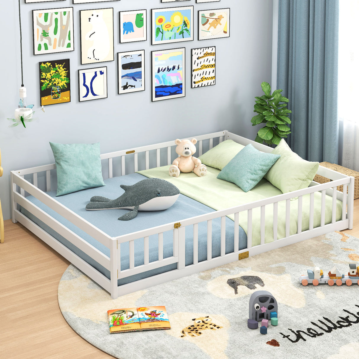 Queen Size Floor Bed Kids Montessori Bed Frame with Full Length Safety Guardrails-White