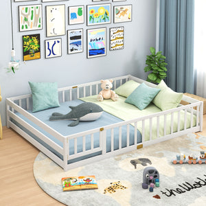 Queen Size Floor Bed Kids Montessori Bed Frame with Full Length Safety Guardrails-White
