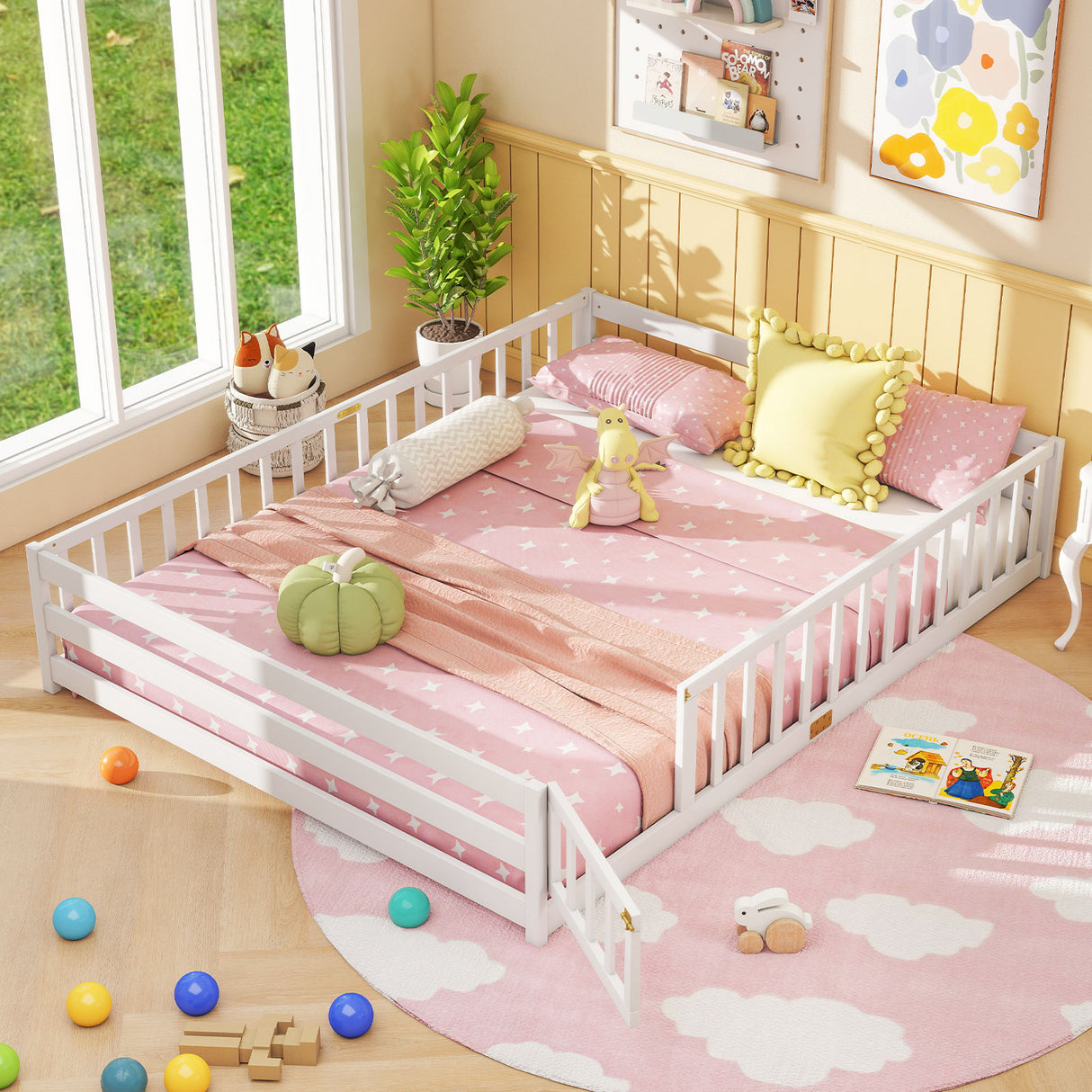 Queen Size Floor Bed Kids Montessori Bed Frame with Full Length Safety Guardrails-White