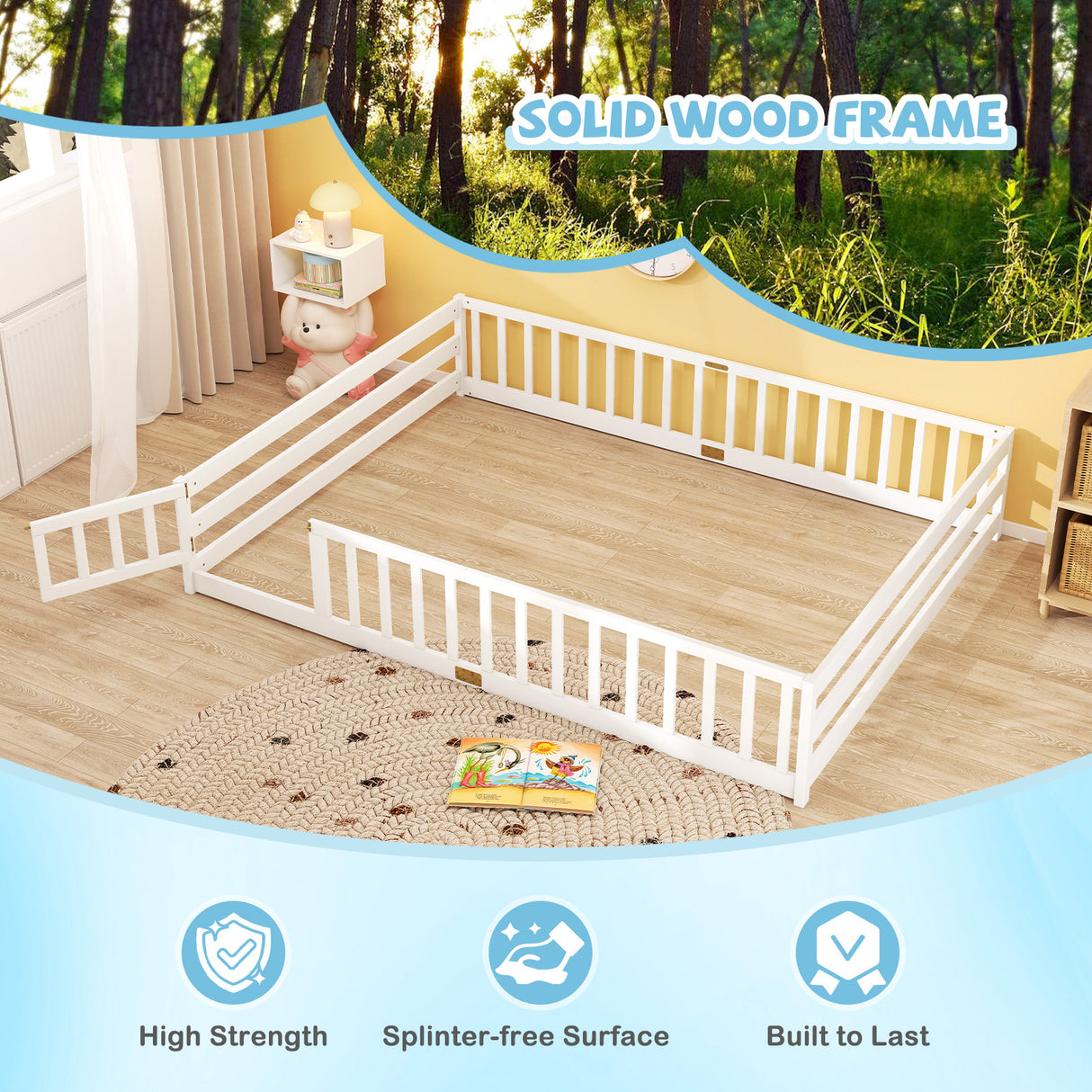 Queen Size Floor Bed Kids Montessori Bed Frame with Full Length Safety Guardrails-White