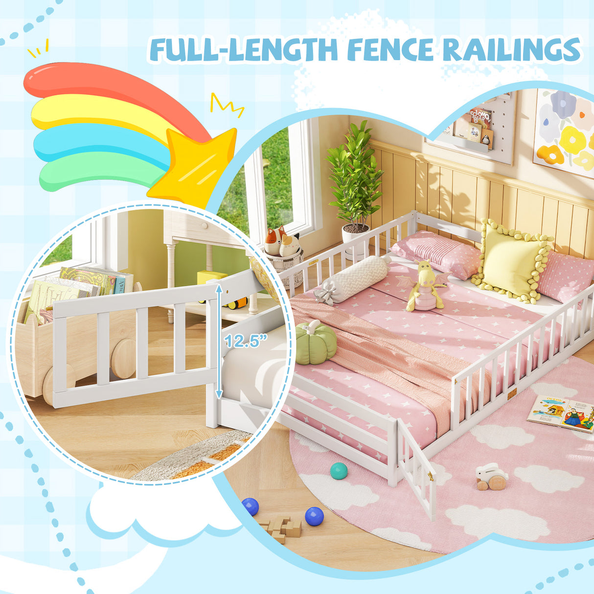 Queen Size Floor Bed Kids Montessori Bed Frame with Full Length Safety Guardrails-White