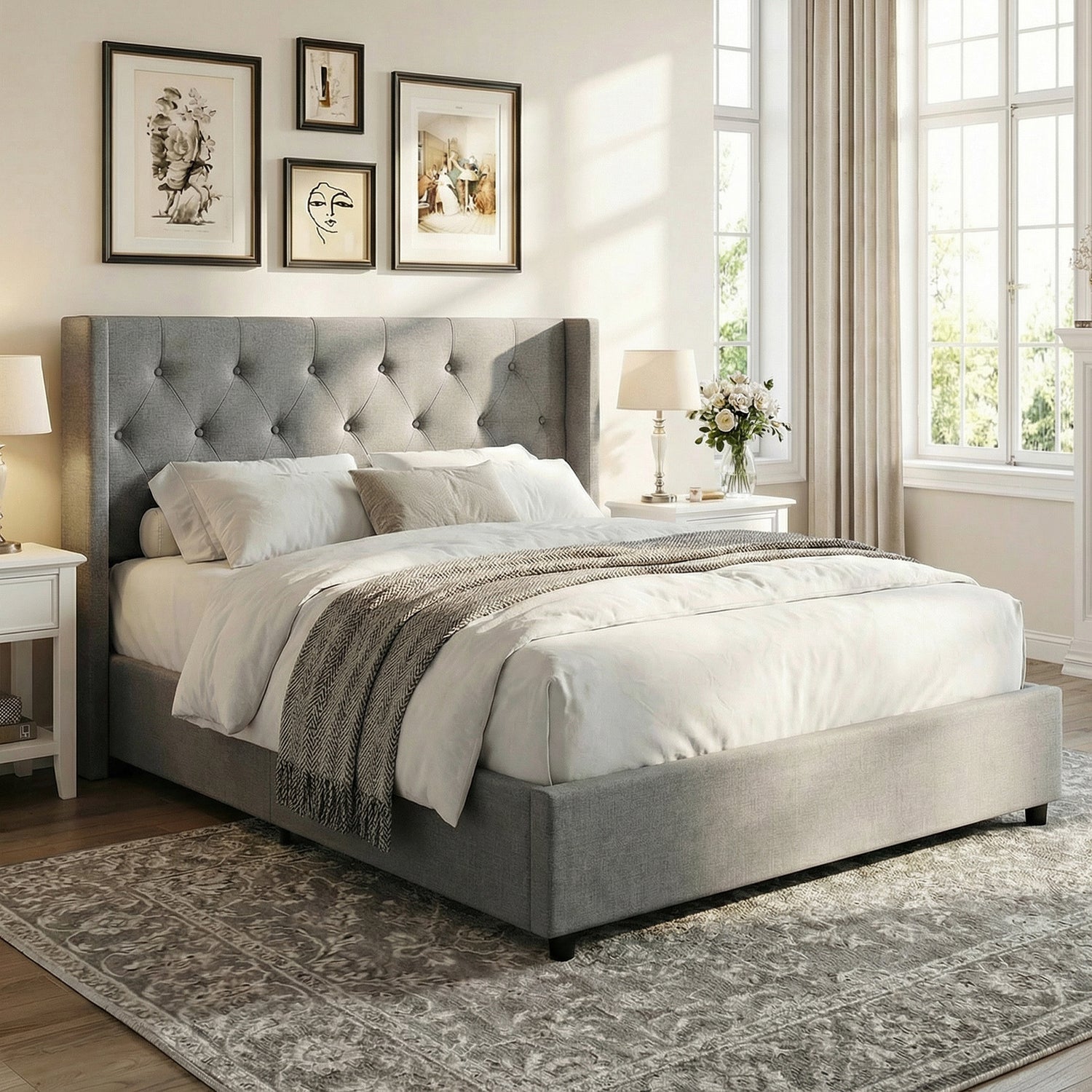 Queen Size Lift-up Storage Bed Modern Linen Upholstered Platform Bed-Gray