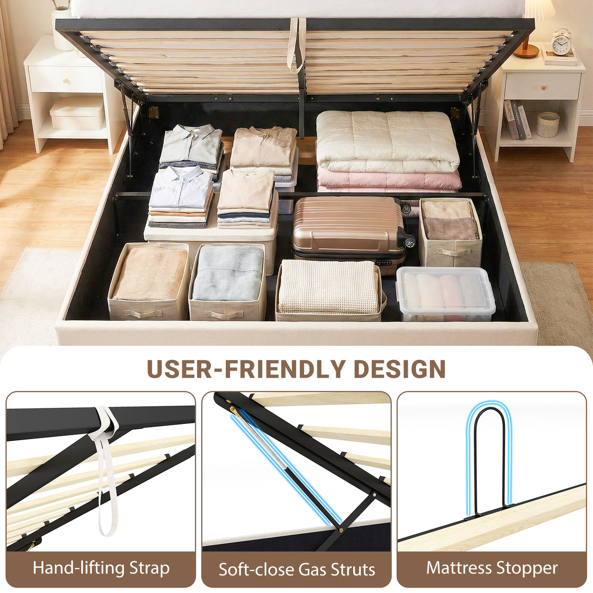 Queen Size Lift-up Storage Bed Modern Linen Upholstered Platform Bed-Beige