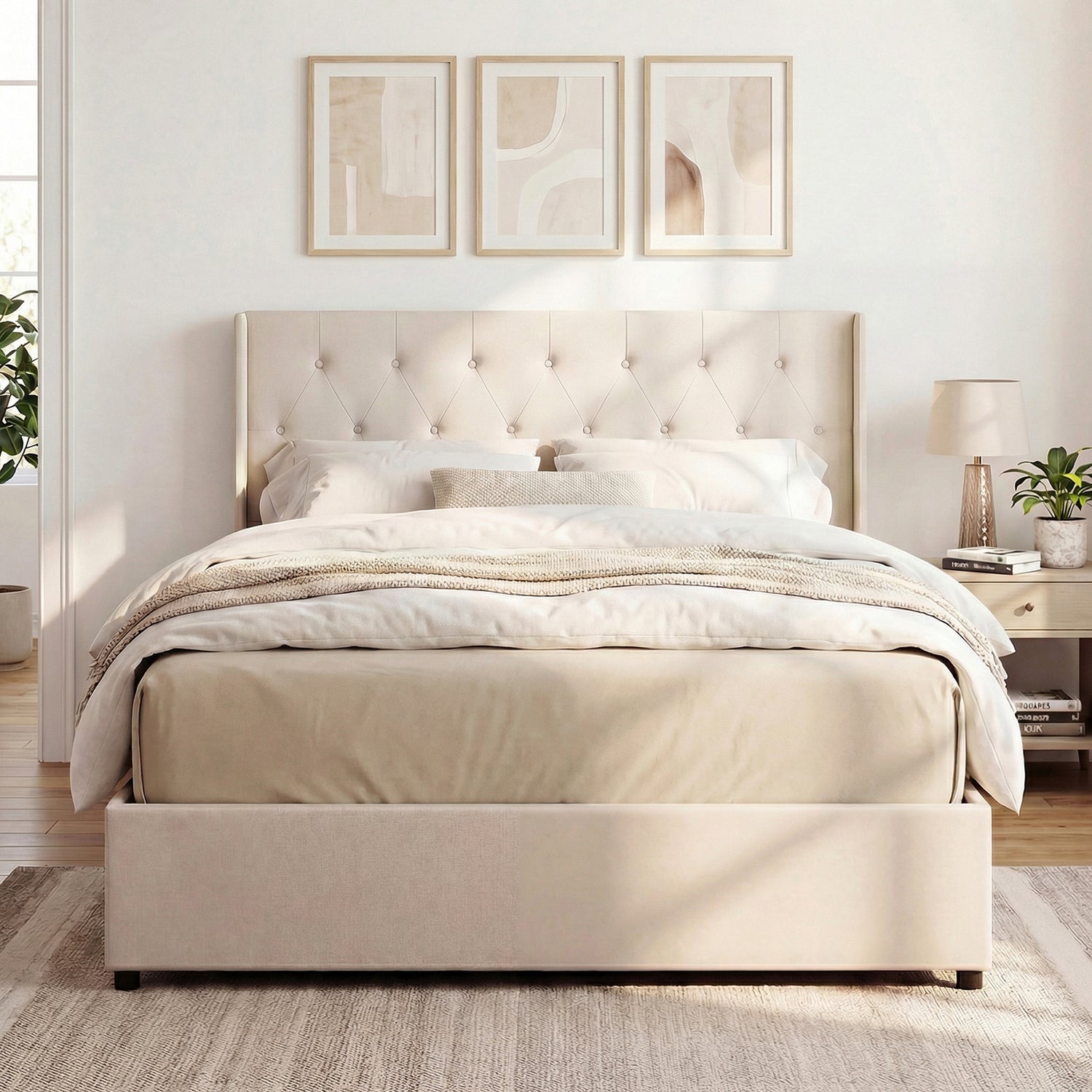 Queen Size Lift-up Storage Bed Modern Linen Upholstered Platform Bed-Beige