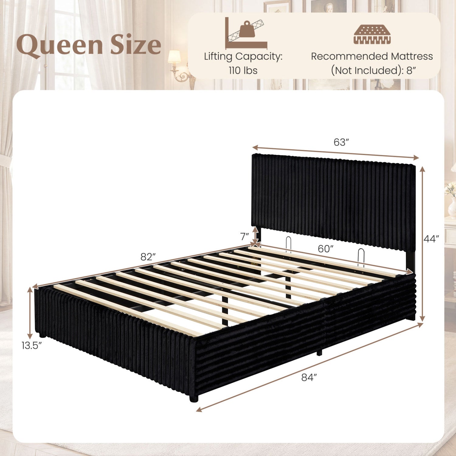Queen Size Lift-up Storage Bed with Wooden Slat Support-Black