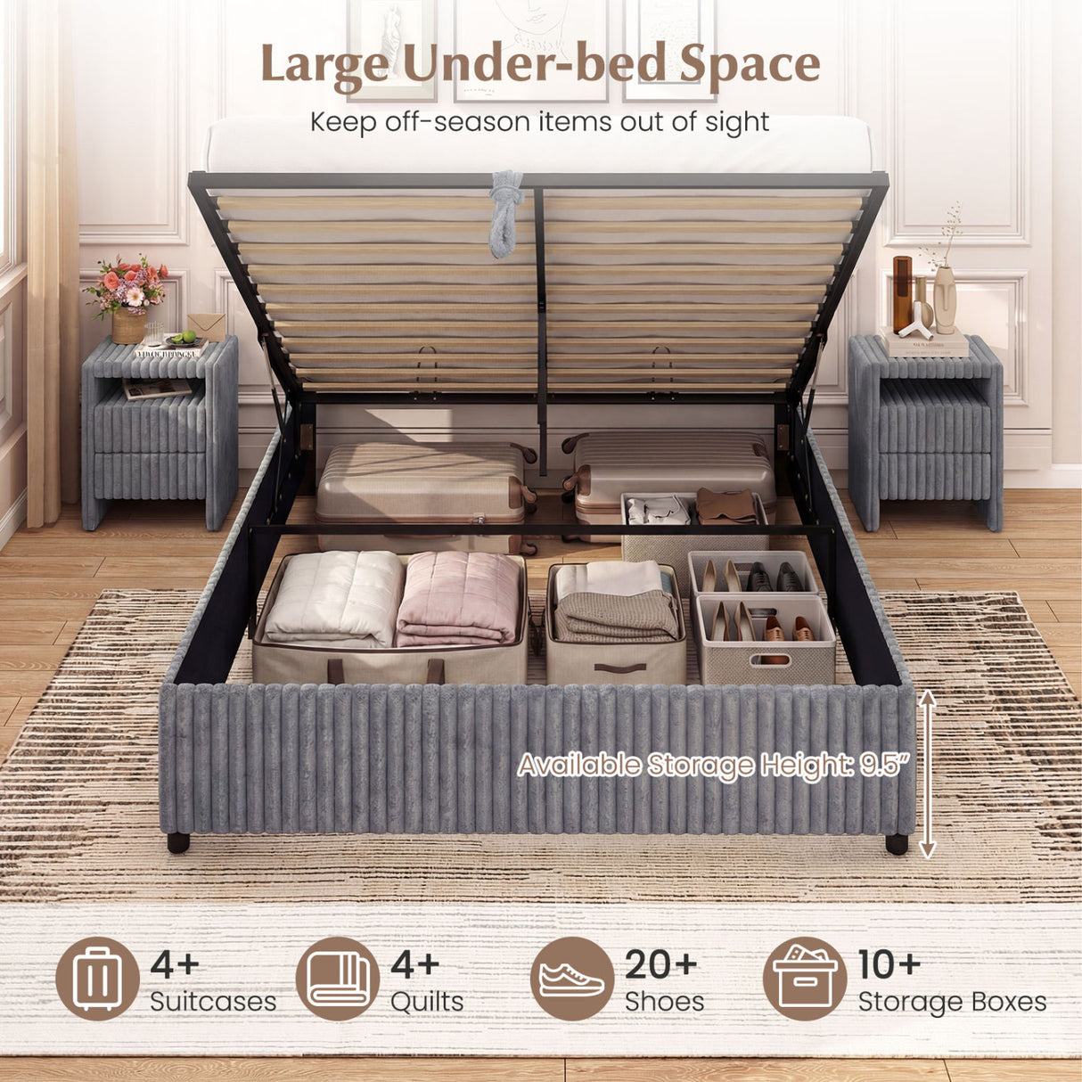 Queen Size Lift-up Storage Bed with Wooden Slat Support-Gray