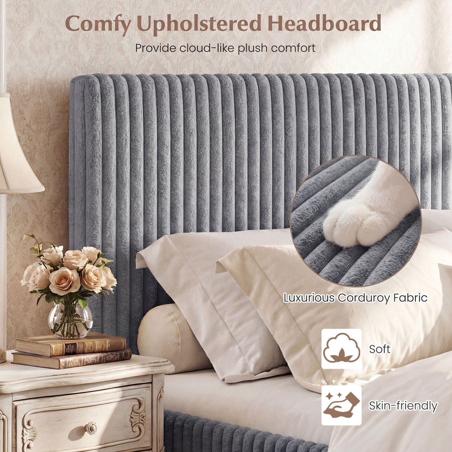 Queen Size Lift-up Storage Bed with Wooden Slat Support-Gray