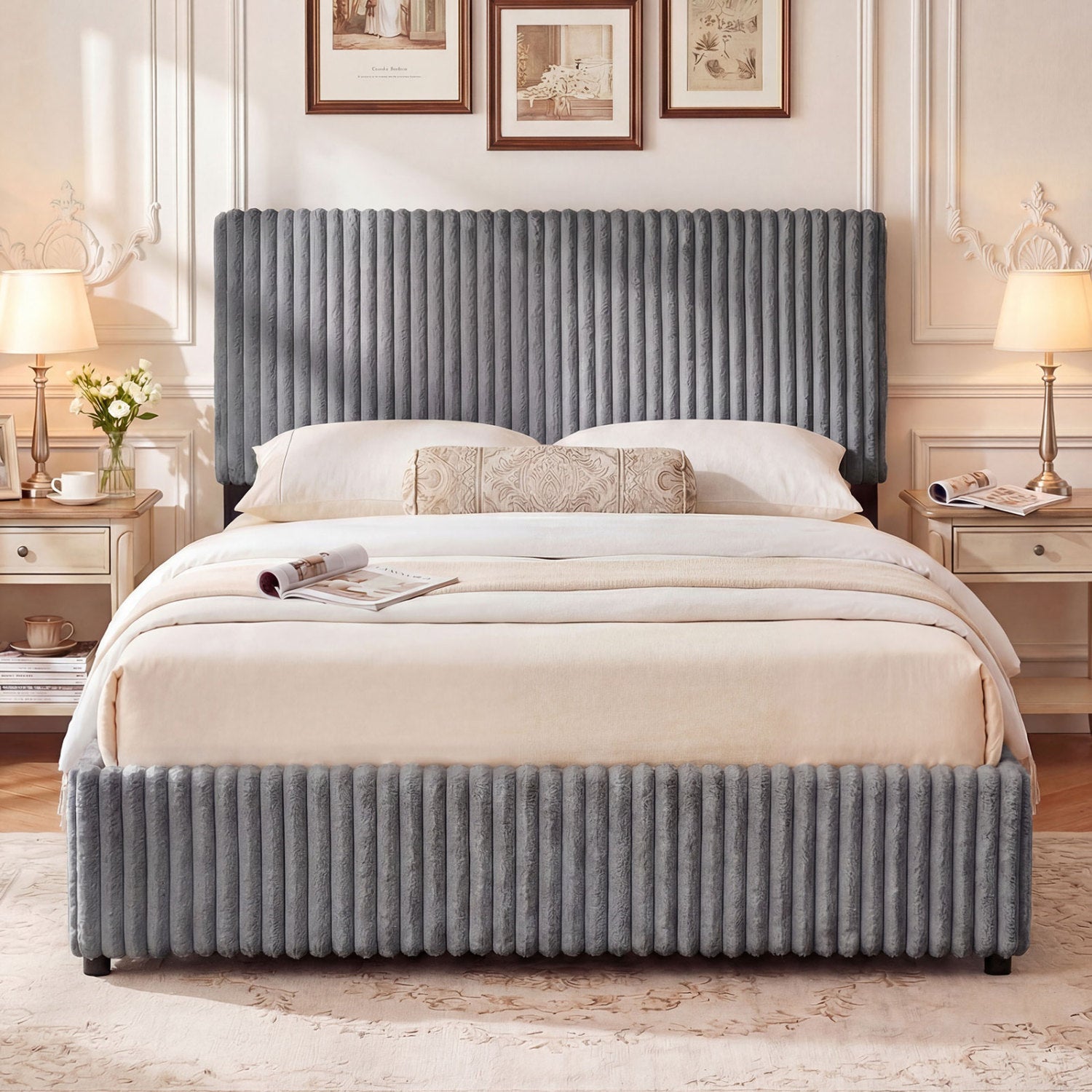 Queen Size Lift-up Storage Bed with Wooden Slat Support-Gray