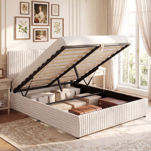 Queen Size Lift-up Storage Bed with Wooden Slat Support-Beige
