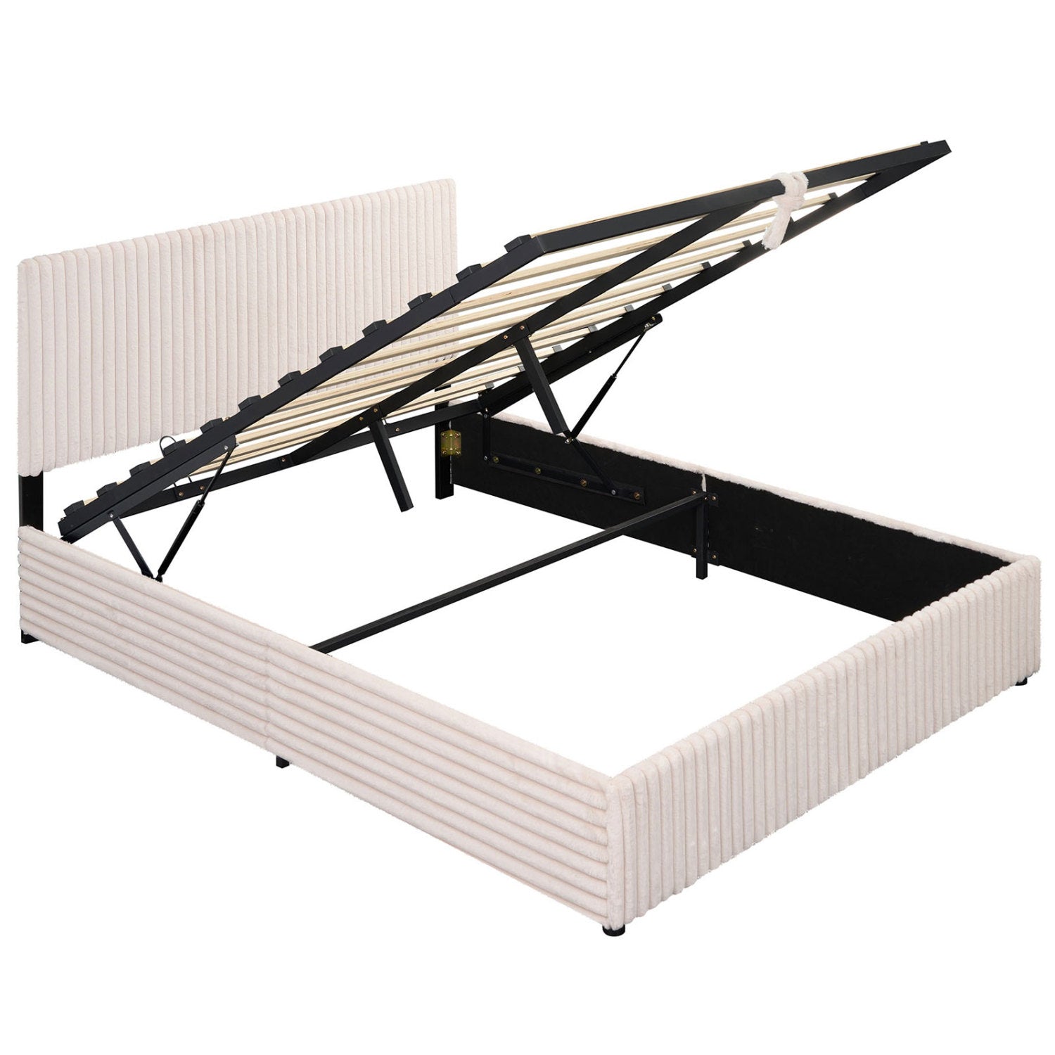 Queen Size Lift-up Storage Bed with Wooden Slat Support-Beige