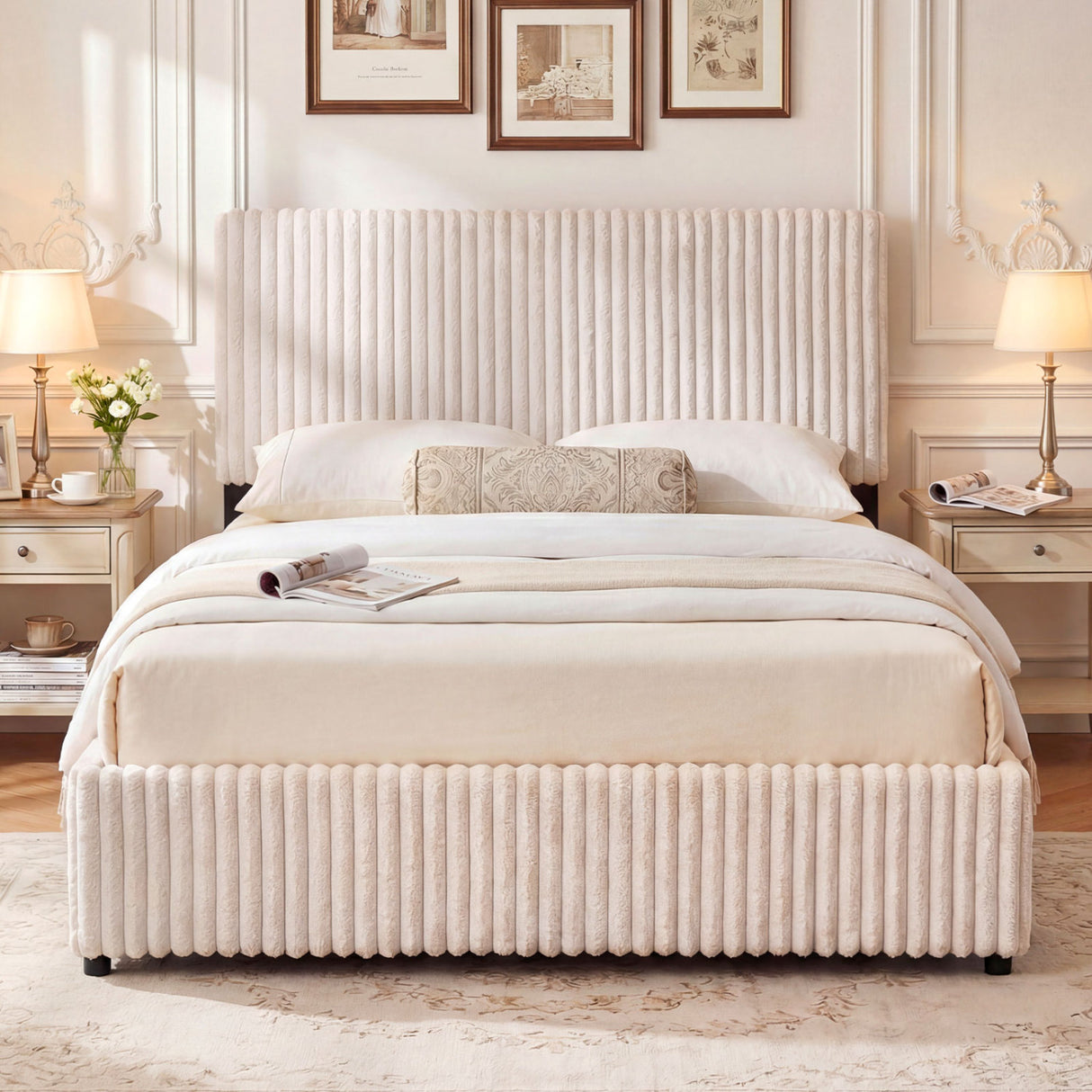 Queen Size Lift-up Storage Bed with Wooden Slat Support-Beige