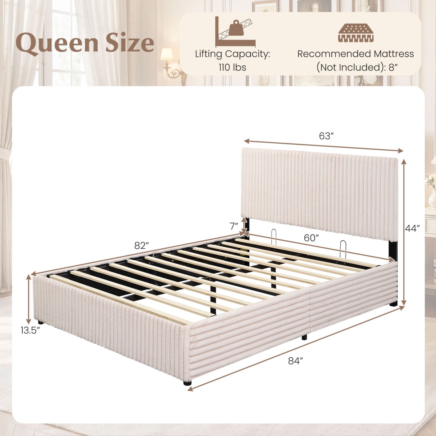 Queen Size Lift-up Storage Bed with Wooden Slat Support-Beige