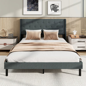 Queen Size Upholstered Bed Frame with Button Tufted Wingback Headboard and Wooden Slats Support Mattress Foundation-Gray