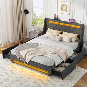Queen Size Upholstered Platform Bed Frame with LED Lights and Charging Station-Grey
