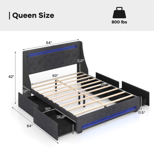 Queen Size Upholstered Platform Bed Frame with LED Lights and Charging Station-Grey
