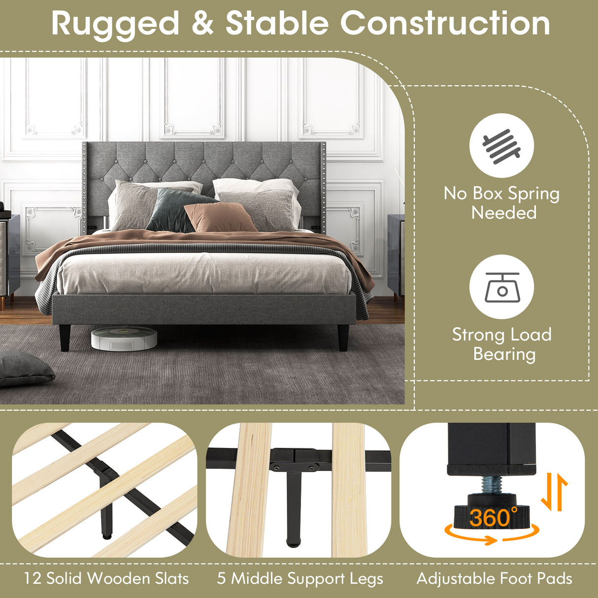 Full/Queen Size Upholstered Platform Bed with Button Tufted Headboard-Queen Size
