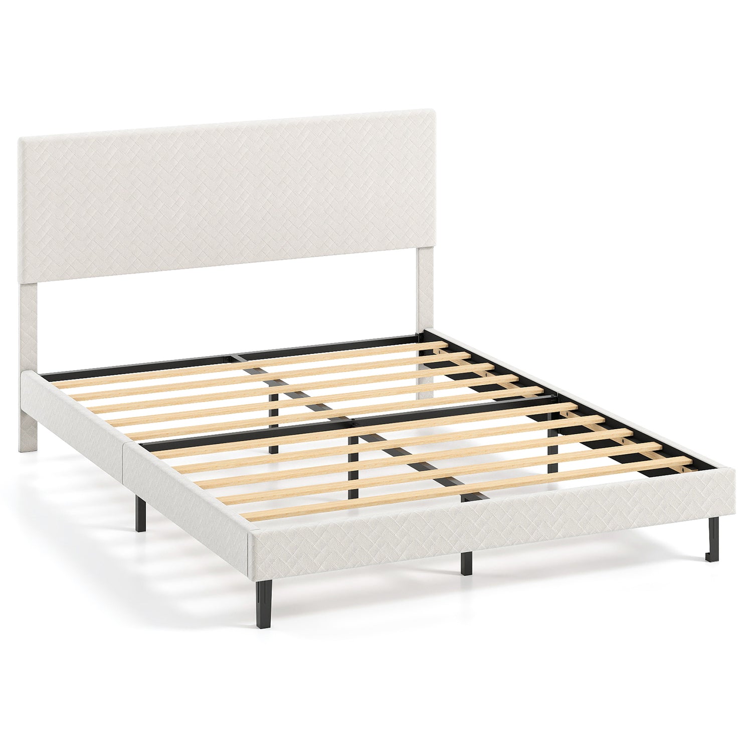 Queen Size Velvet Bed Frame Upholstered Platform Bed with Chevron Headboard Beige