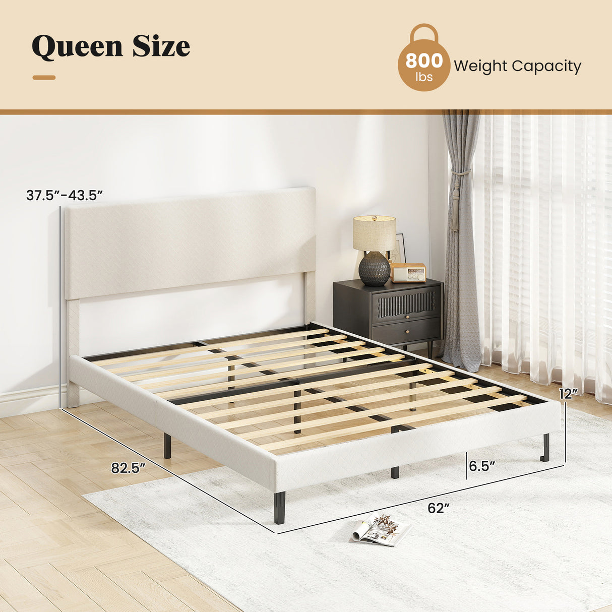 Queen Size Velvet Bed Frame Upholstered Platform Bed with Chevron Headboard Beige