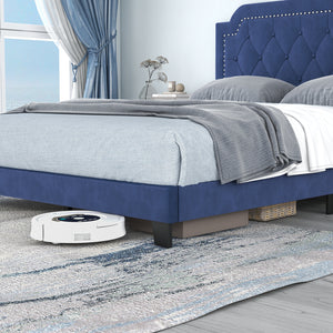 Queen Size Velvet Platform Bed with Button Tufted and Nailhead Trim Headboard-Queen Size