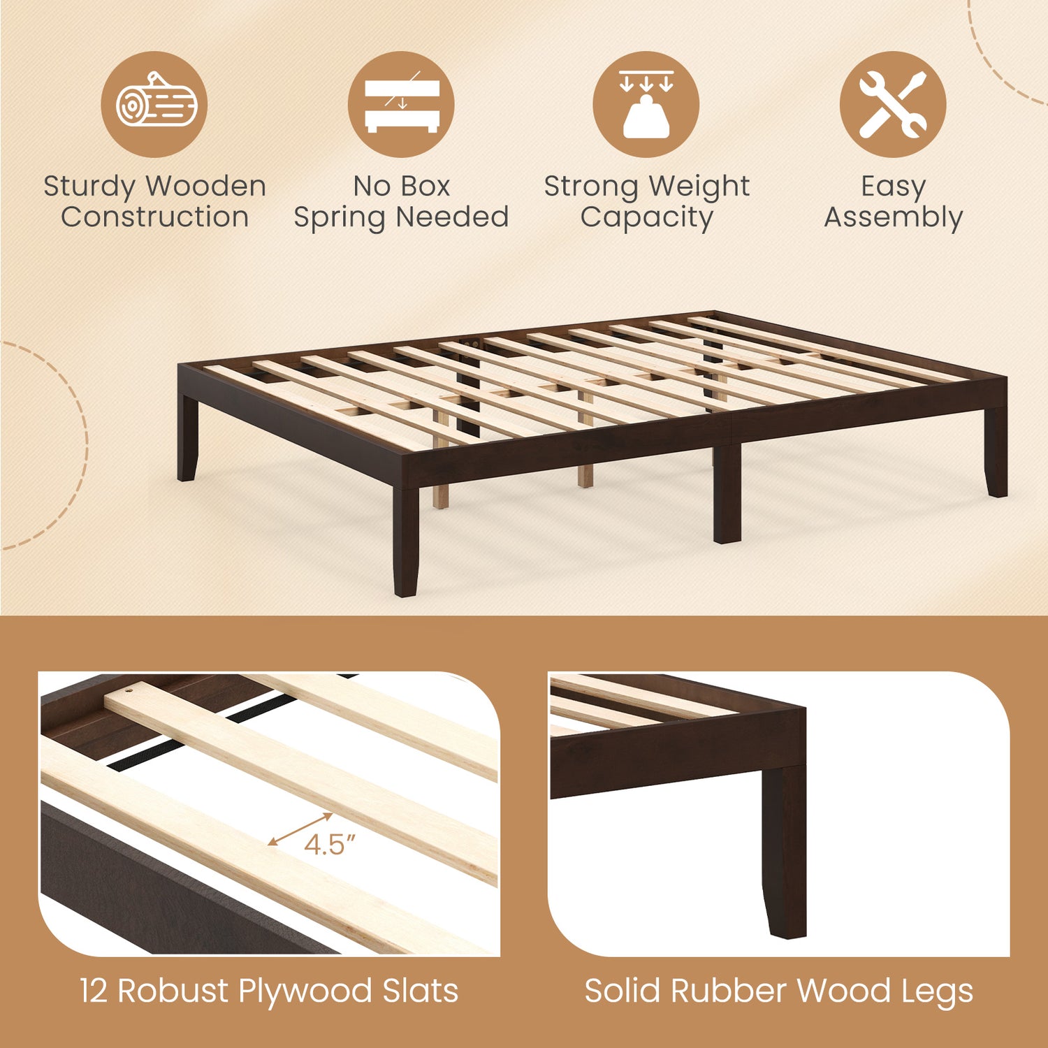 Queen Size Wood Bed Frame with Wooden Slats Support and Rubber Wood Legs-Espresso