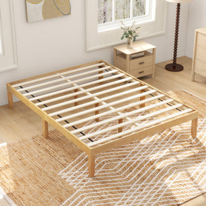 Queen Size Wood Bed Frame with Wooden Slats Support and Rubber Wood Legs-Natural