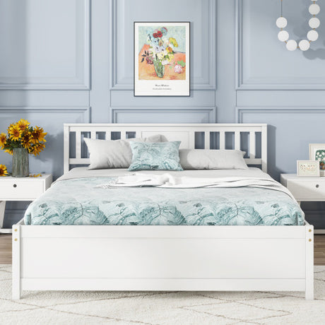 Wooden Platform Bed with Headboard and Wood Slat Support White-Queen Size