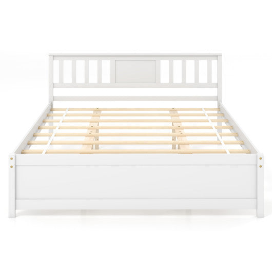 Wooden Platform Bed with Headboard and Wood Slat Support White-Queen Size