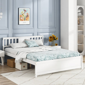Wooden Platform Bed with Headboard and Wood Slat Support White-Queen Size