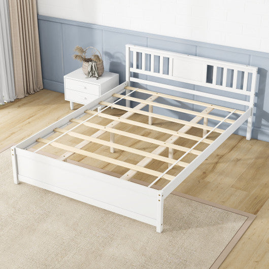 Wooden Platform Bed with Headboard and Wood Slat Support White-Queen Size
