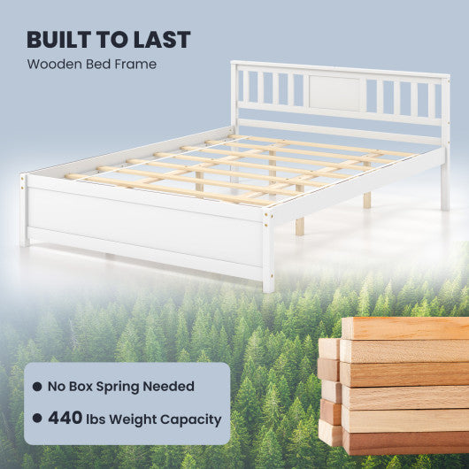 Wooden Platform Bed with Headboard and Wood Slat Support White-Queen Size