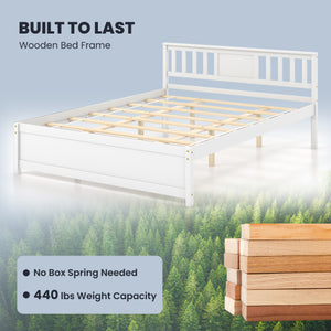 Wooden Platform Bed with Headboard and Wood Slat Support White-Queen Size