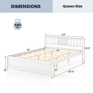 Wooden Platform Bed with Headboard and Wood Slat Support White-Queen Size