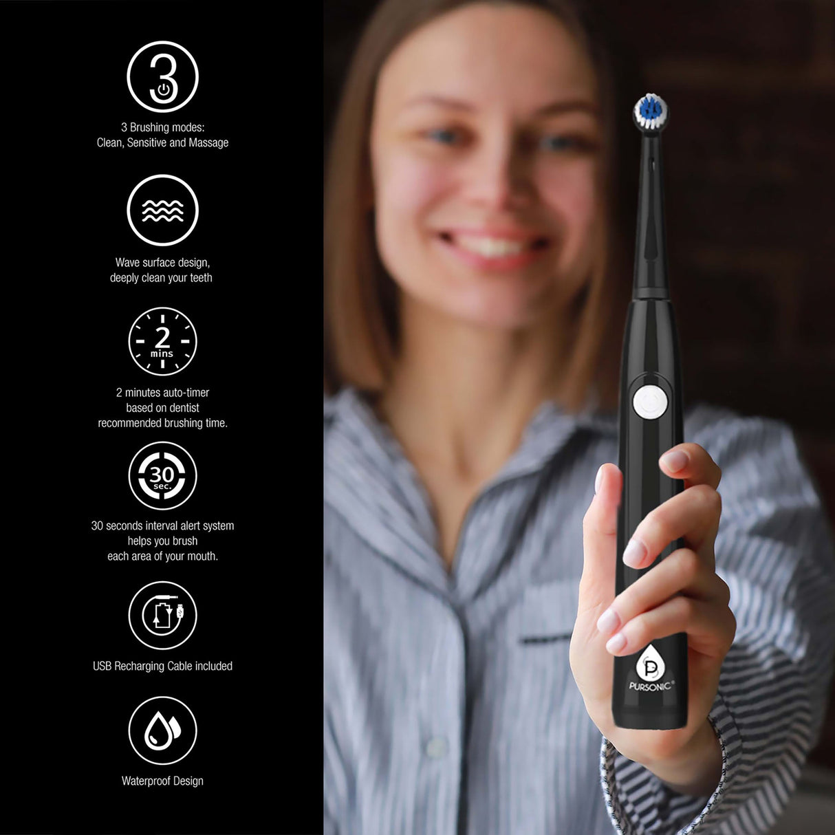 Him’s and Her’s Pursonic USB Rechargeable Rotary Toothbrush Bundle – Black & White Set with 6 Brush Heads and UV Sanitizer Design by Pursonic