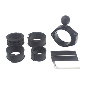 A black 2-inch handlebar mounting bracket adapter with a 1" ball, includes rubber pads and an Allen wrench for installation.